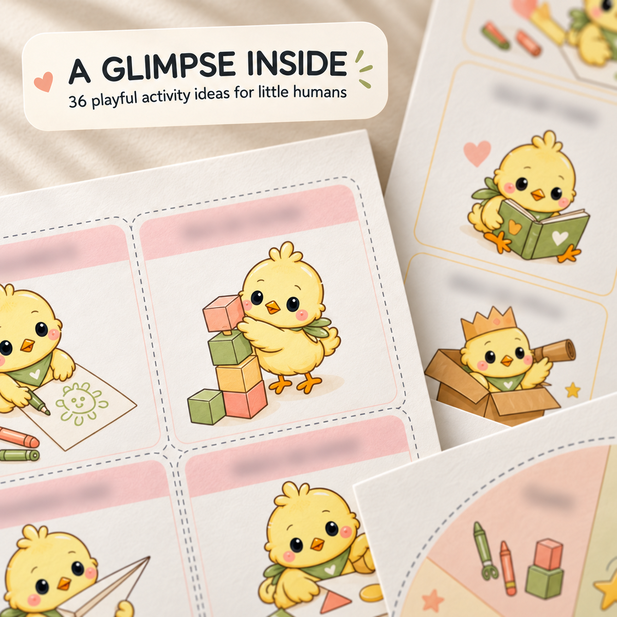 Cropped preview of the I’m Bored printable kit showing illustrated activity cards, the choice board and part of the reusable wheel with the Tiny Humans chick mascot.