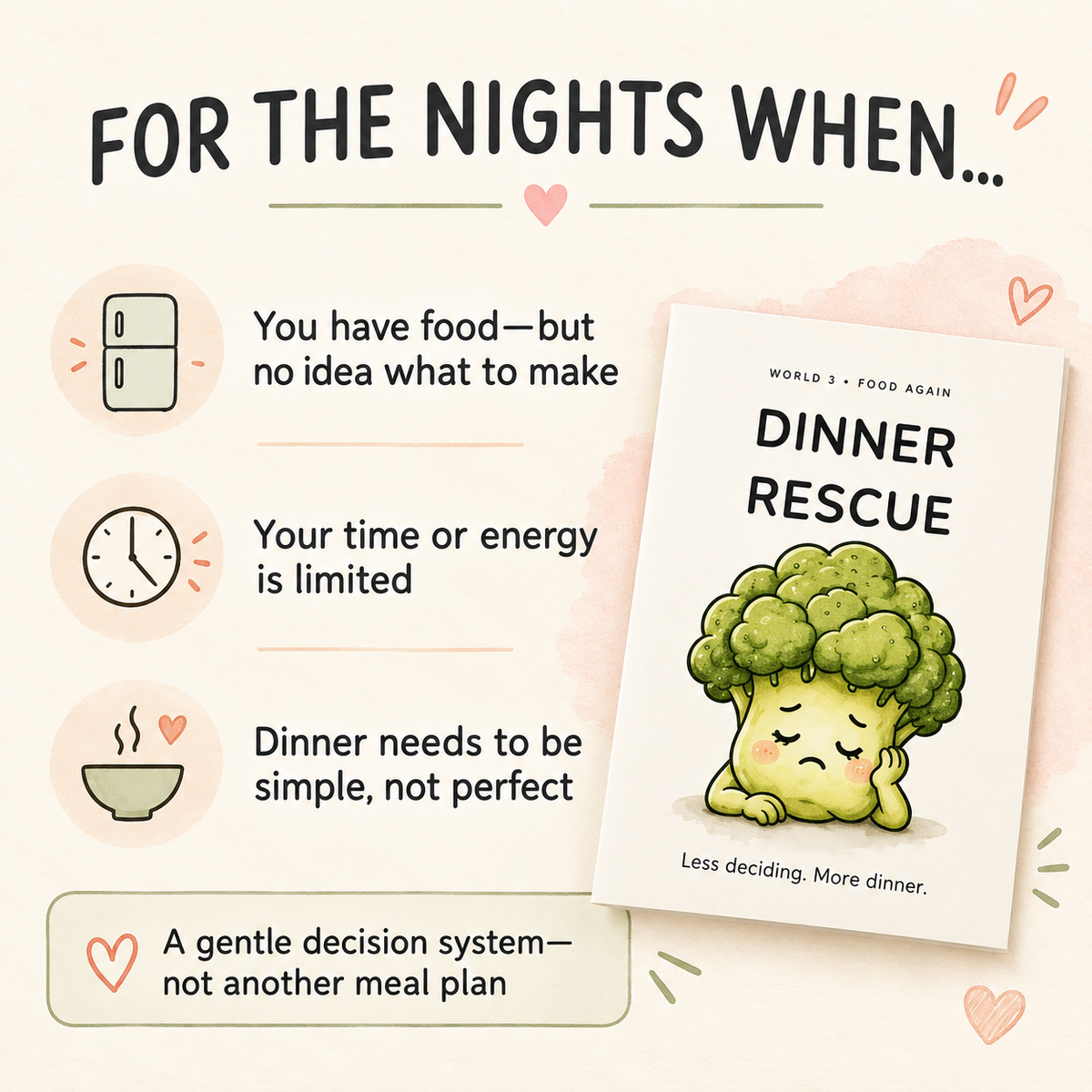 Dinner Rescue printable for nights when there is food available but little time, energy or inspiration to decide what to make.