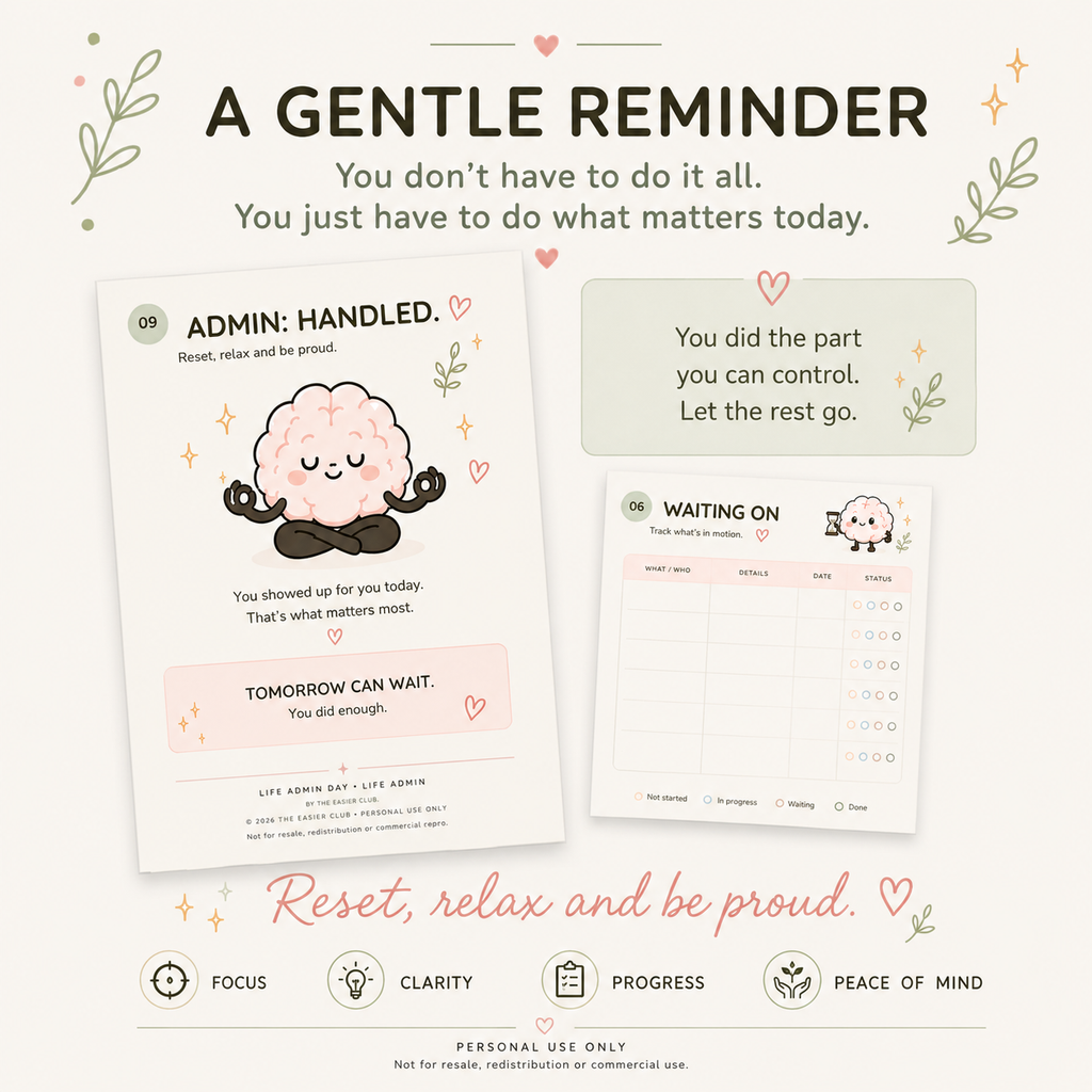 Life Admin Day printable planner with waiting on tracker and encouraging end of day reflection