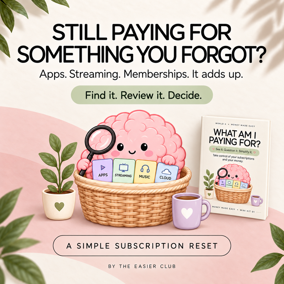 Pink brain mascot holding a magnifying glass beside a small subscription kit cover. Text reads, “Still paying for something you forgot?” against a cream and blush background with green leaves.