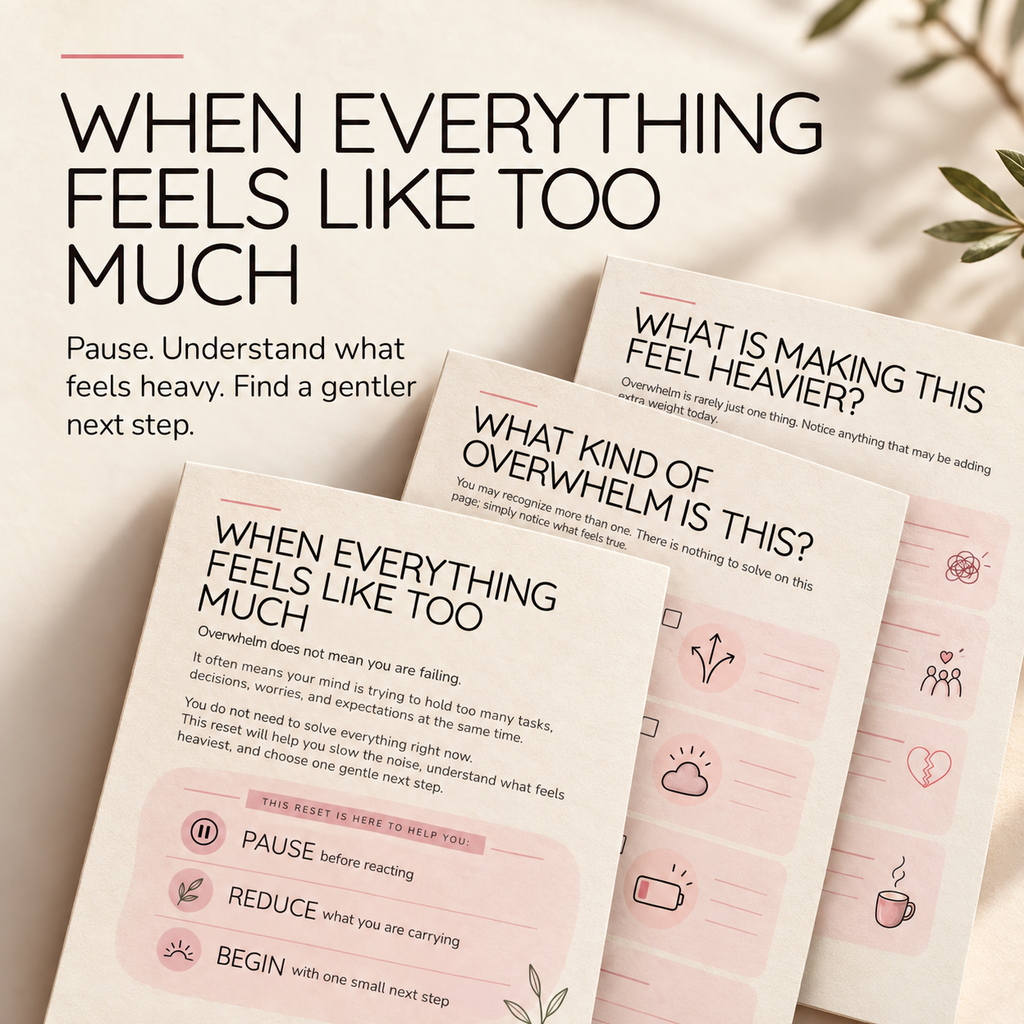 Cropped pages from The Overwhelm Reset showing gentle tools for identifying overwhelm and noticing what feels heaviest.