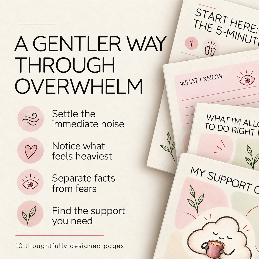 Preview of the 10-page overwhelm printable with benefits including settling mental noise, separating facts from fears, and finding support.