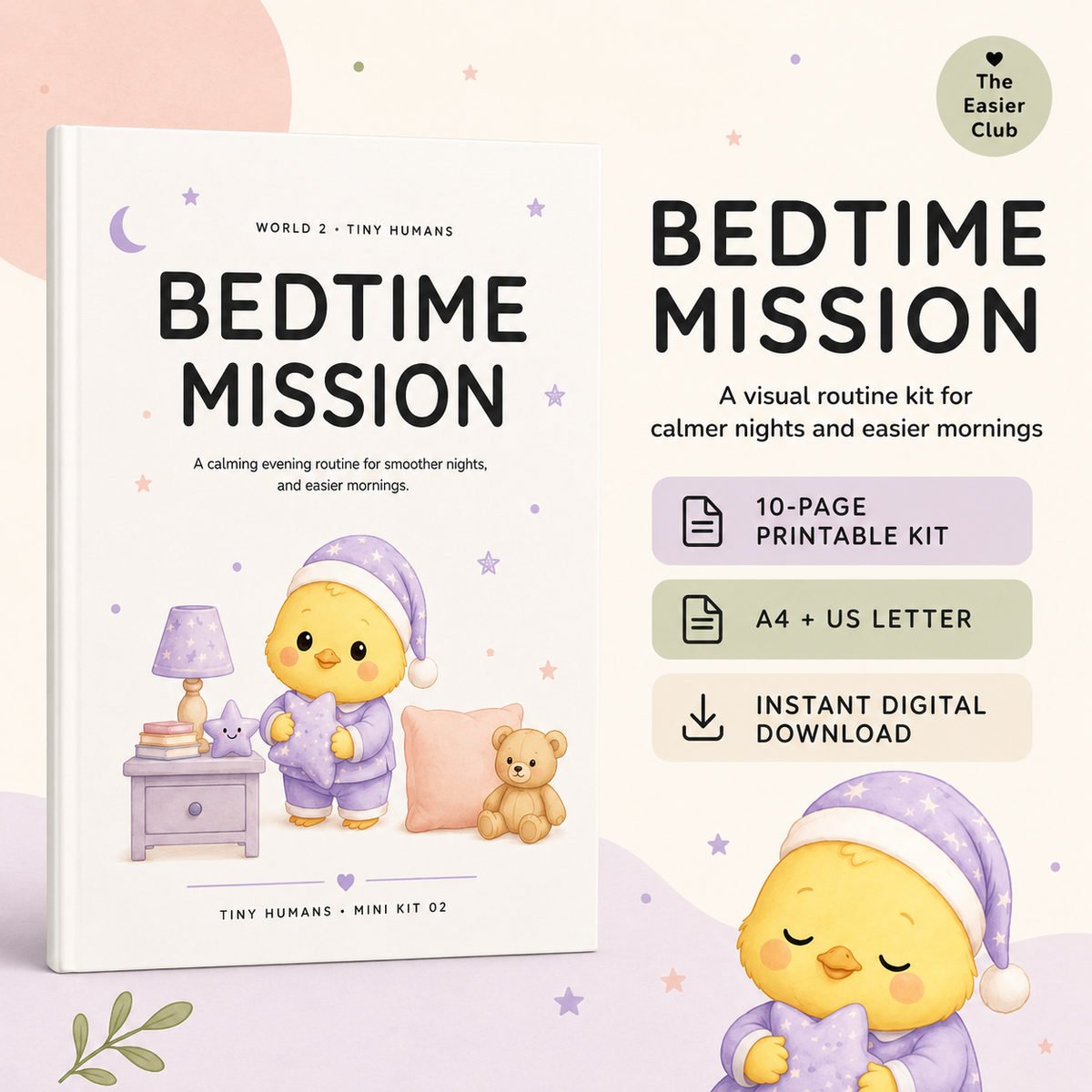 A promotional graphic for a printable digital book kit titled 'BEDTIME MISSION' from 'WORLD 2 - TINY HUMANS'. The cover shows a cute cartoon chick in purple pajamas next to a teddy bear.