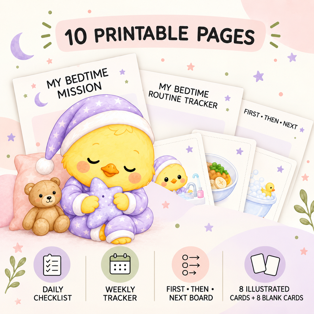 Bedtime Mission printable kit featuring a daily checklist, weekly tracker, First Then Next board and customisable bedtime routine cards.