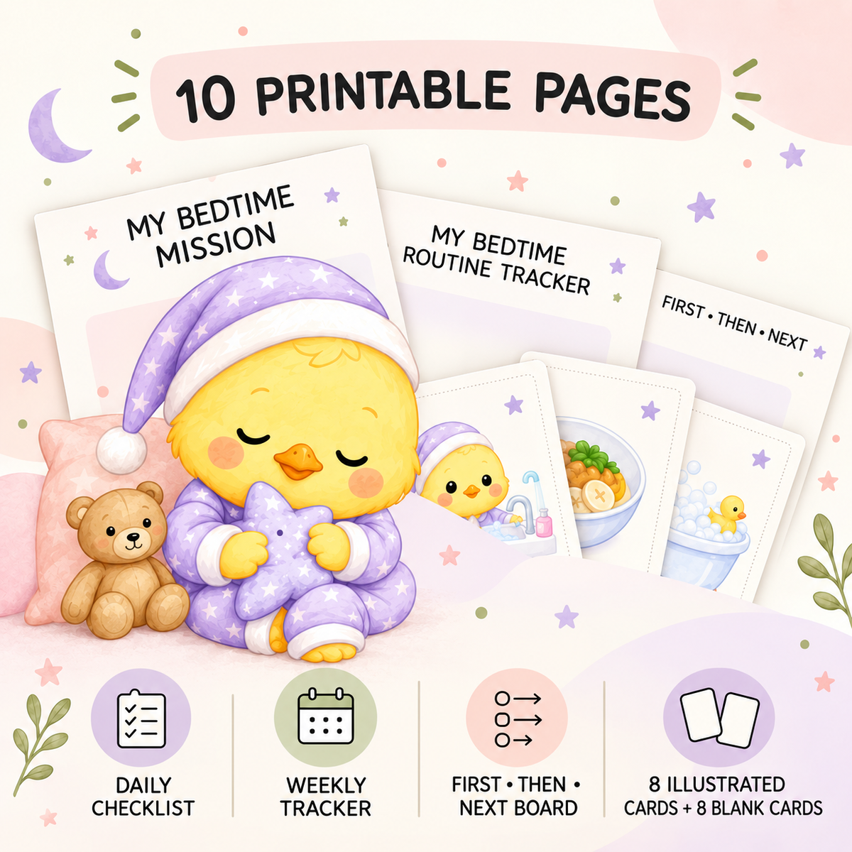 Bedtime Mission printable kit featuring a daily checklist, weekly tracker, First Then Next board and customisable bedtime routine cards.
