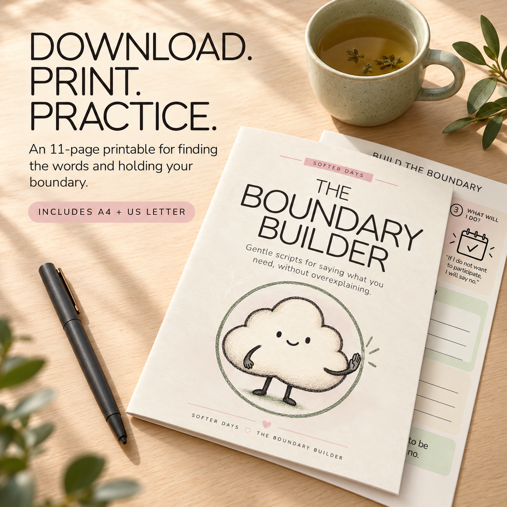lifestyle scene communicating “Download. Print. Practice.” and the included A4 and US Letter sizes.