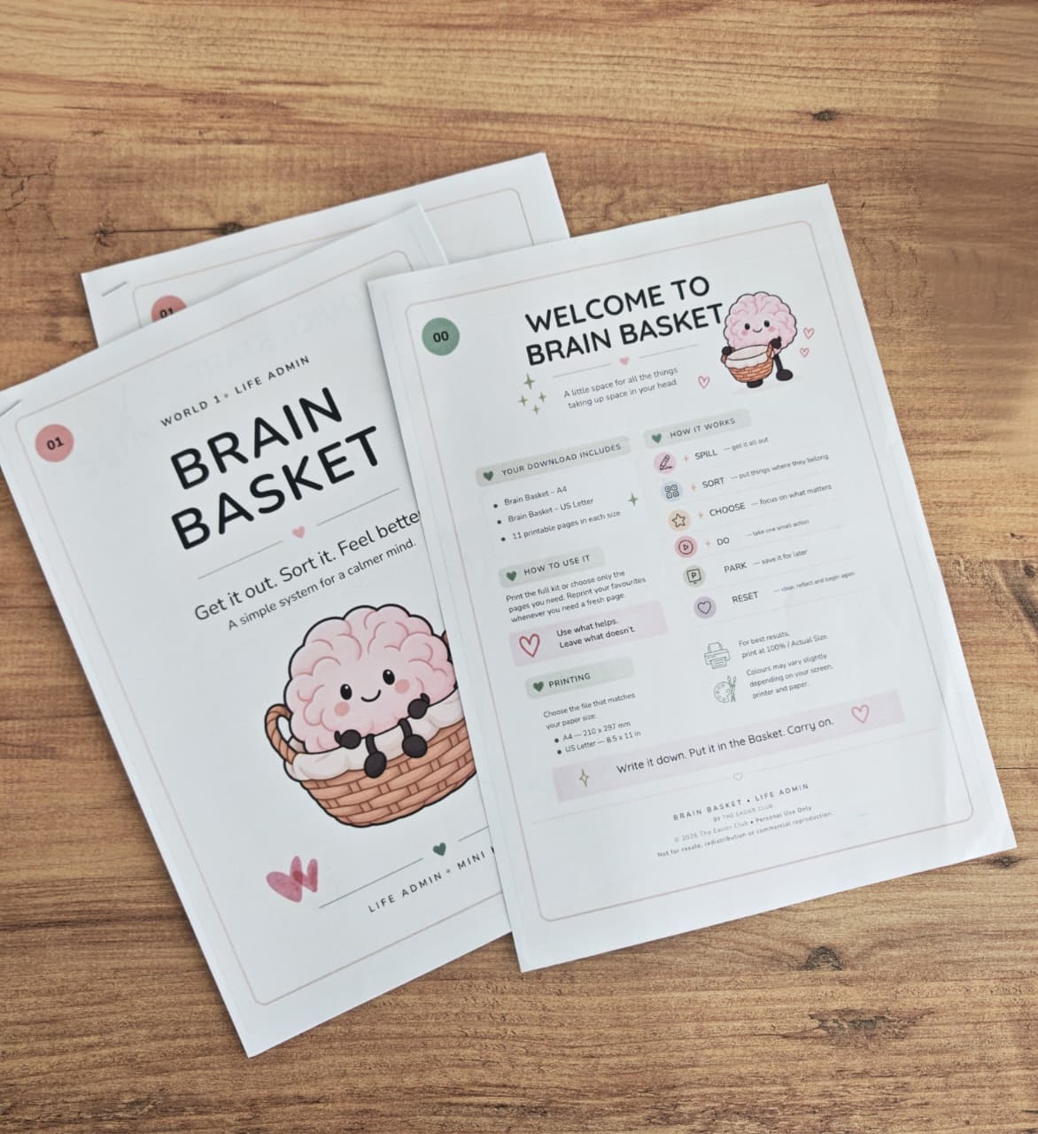 Printed Brain Basket life admin pages showing the brain-in-a-basket character, welcome page, and instructions on a wooden table.
