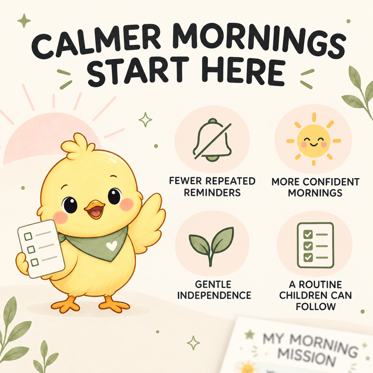 Morning Mission children’s routine printable supporting fewer reminders, confident mornings and gentle independence.