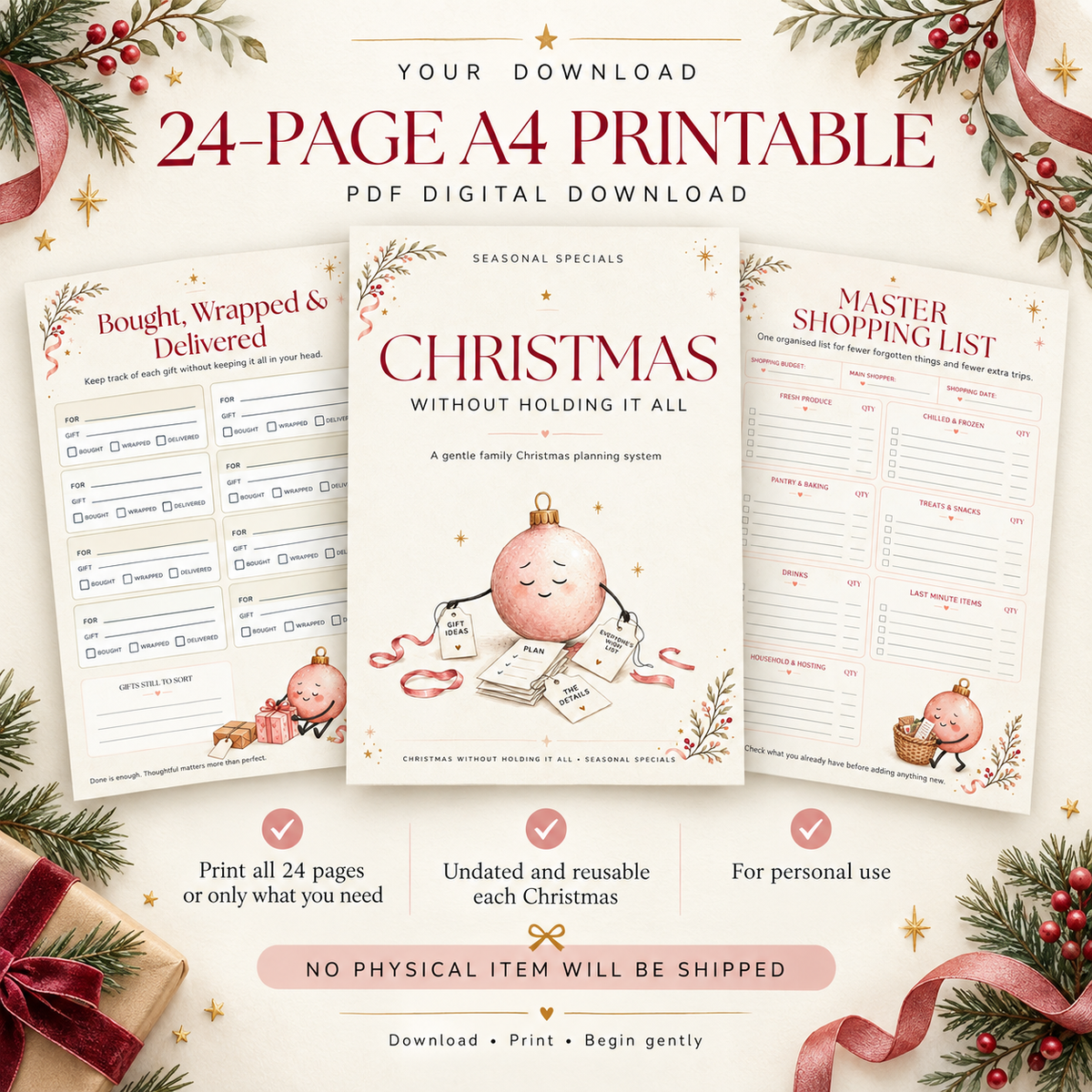 Christmas Without Holding It All 24-page A4 printable planner with interior page previews.
