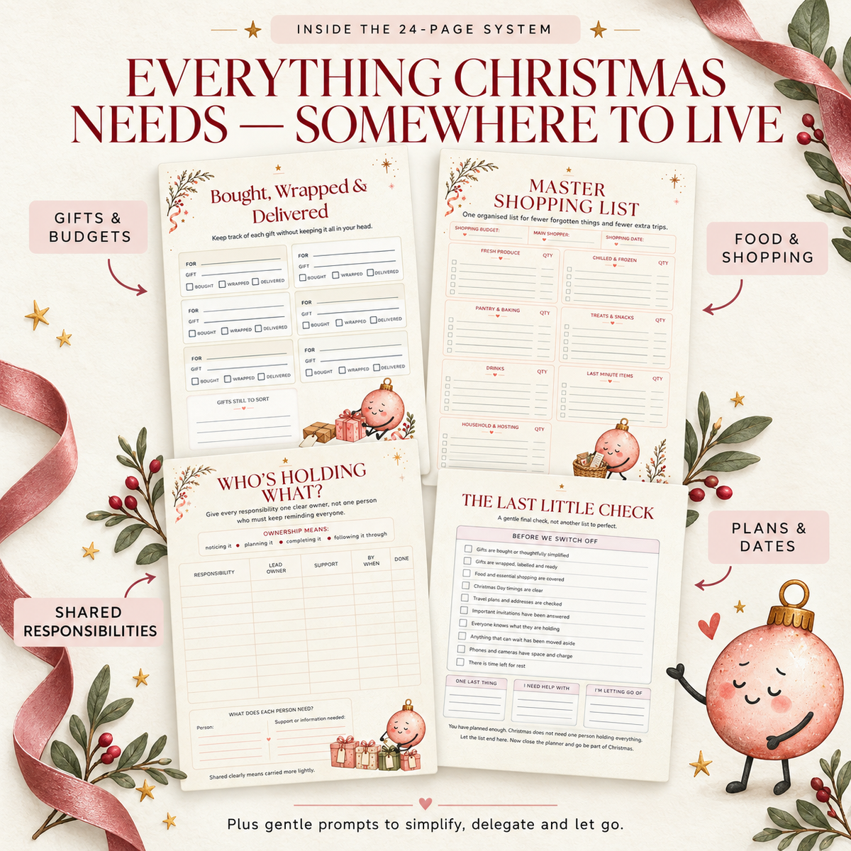 Gift, shopping, important dates and responsibility pages included in the Christmas planner.