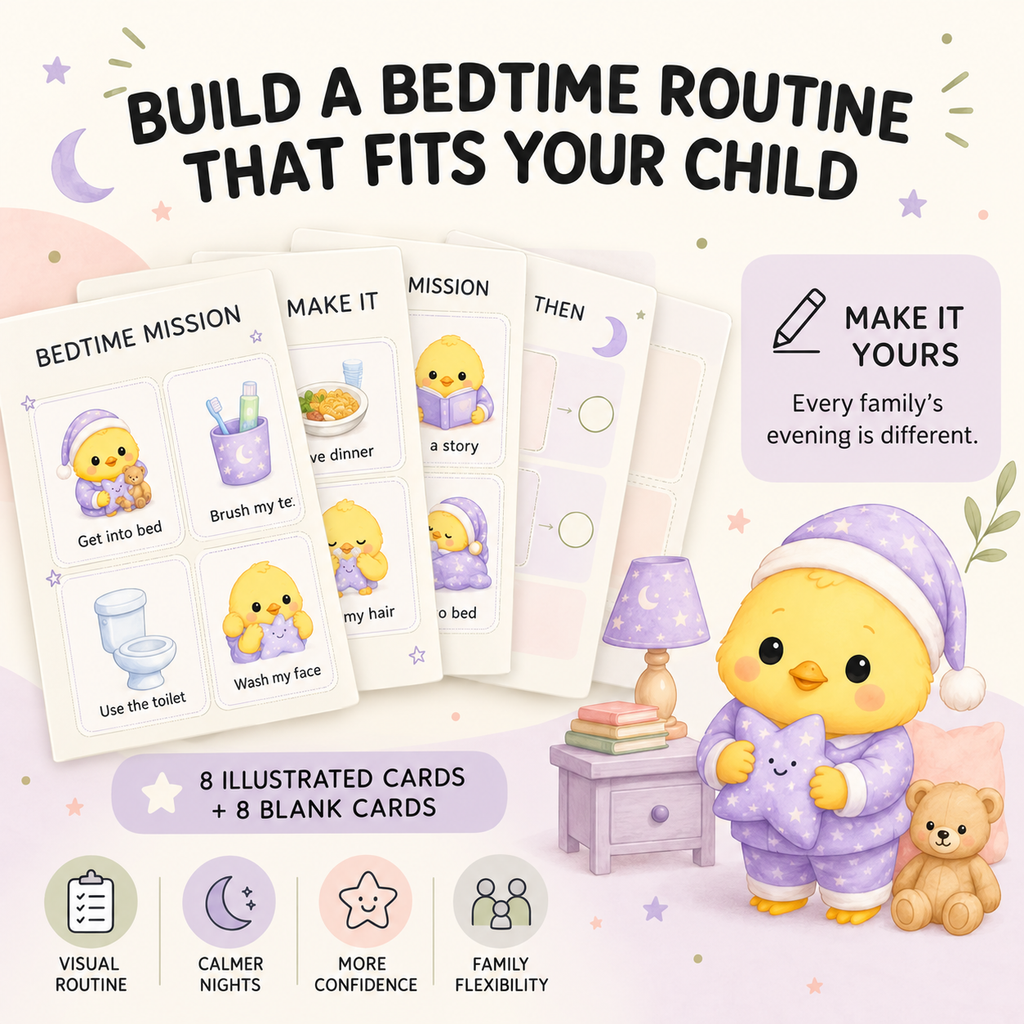 Bedtime Mission illustrated and blank routine cards designed to help families create a calmer, personalised bedtime routine for children.