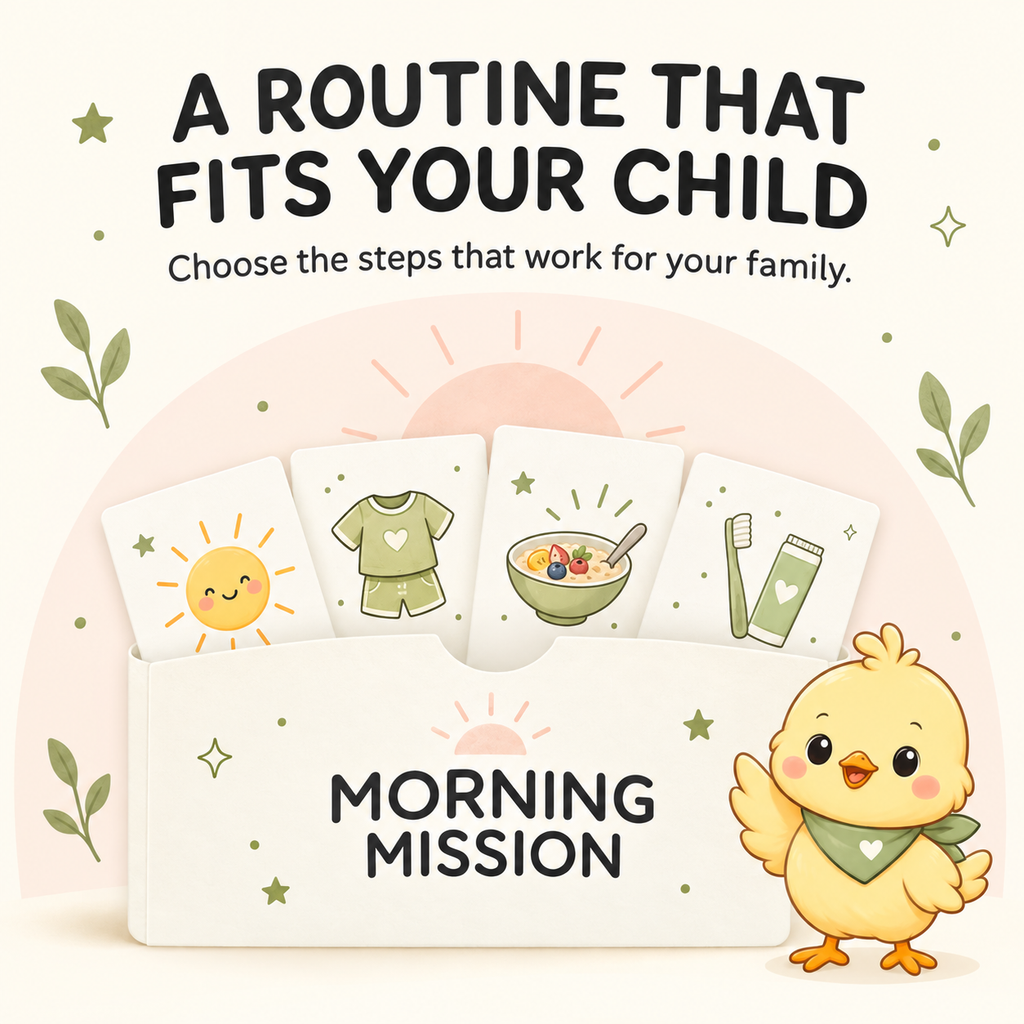 Morning Mission illustrated routine cards designed to help families create a flexible morning routine for their child.