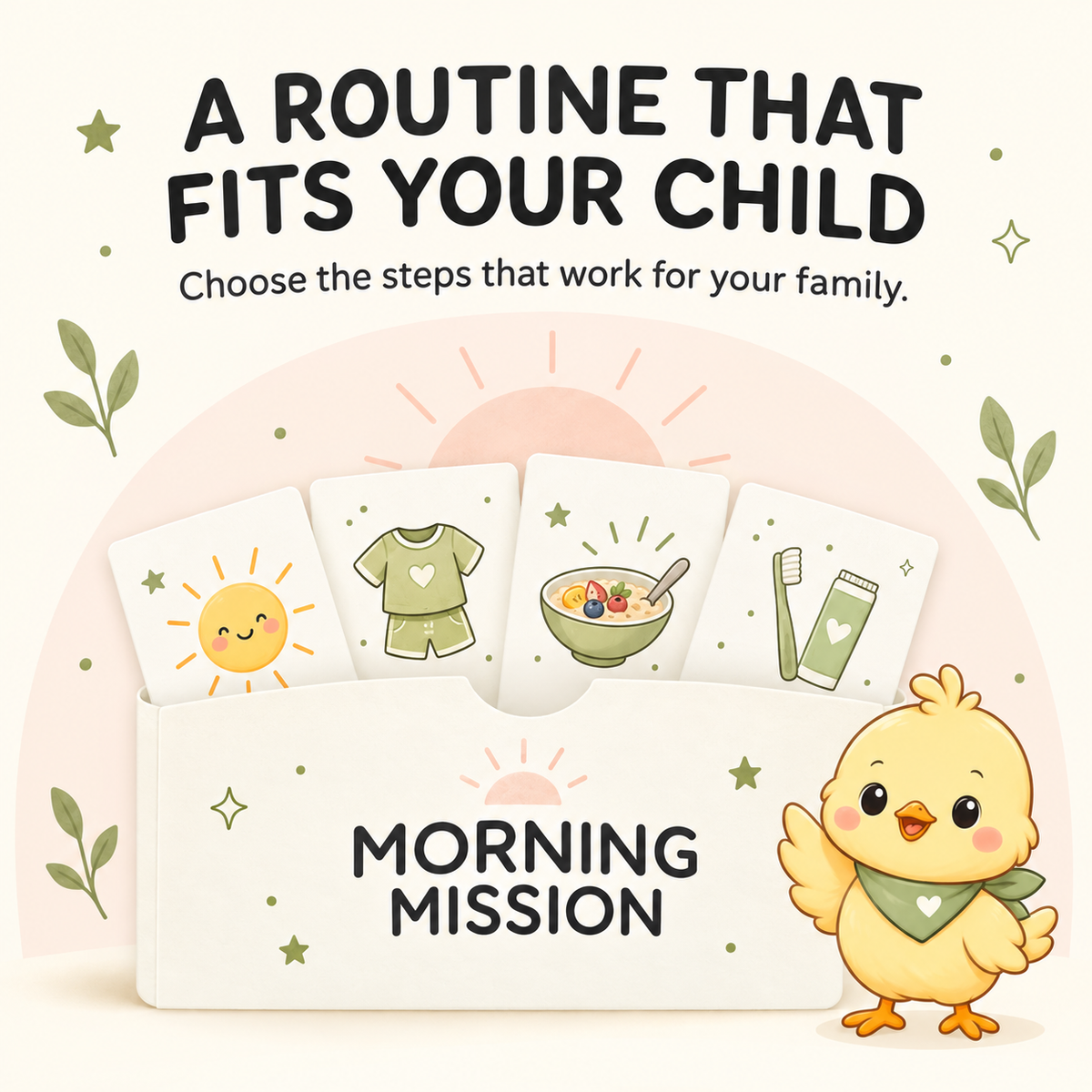 Morning Mission illustrated routine cards designed to help families create a flexible morning routine for their child.