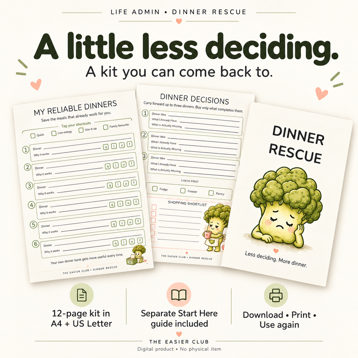 A little support for the daily “what’s for dinner?” question. Includes the 12-page Dinner Rescue kit in A4 and US Letter, plus a Start Here guide. Download, print and return to the pages whenever you need them.