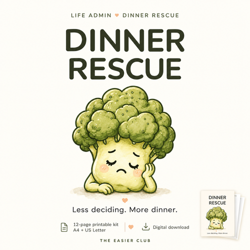 Make tonight’s dinner decision feel easier. Dinner Rescue helps you use what you have and choose a meal that fits your time and energy. Includes a 12-page printable kit in A4 and US Letter.
