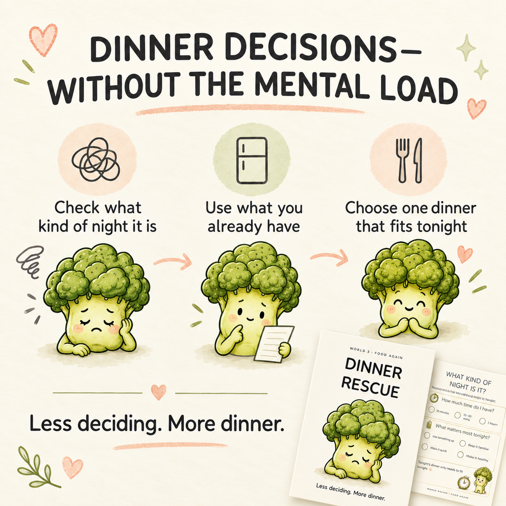 Dinner Rescue printable showing three simple steps to check the kind of night, use food already available and choose one dinner that fits tonight.