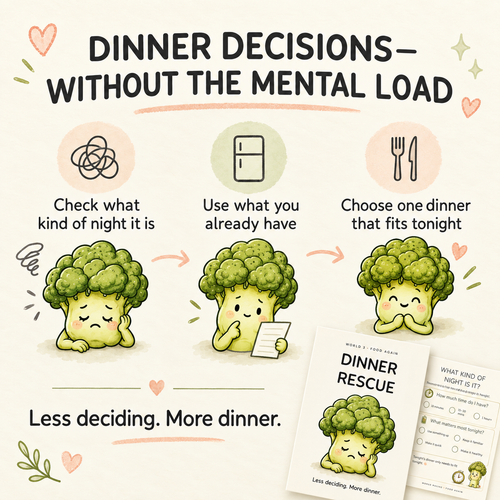 Dinner Rescue printable showing three simple steps to check the kind of night, use food already available and choose one dinner that fits tonight.