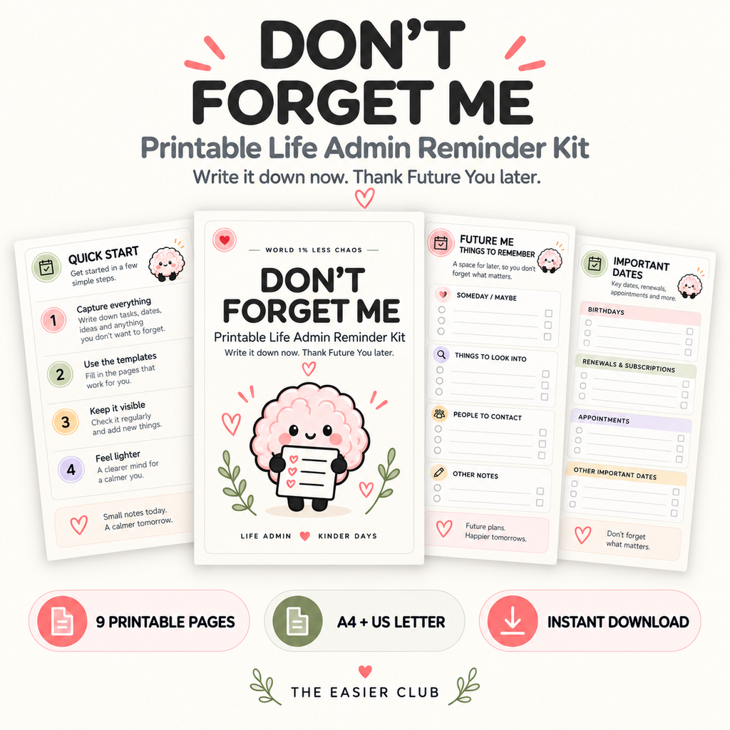 Don't forget me printable life admin planner by The Easier Club with brain mascot and life admin worksheet previews