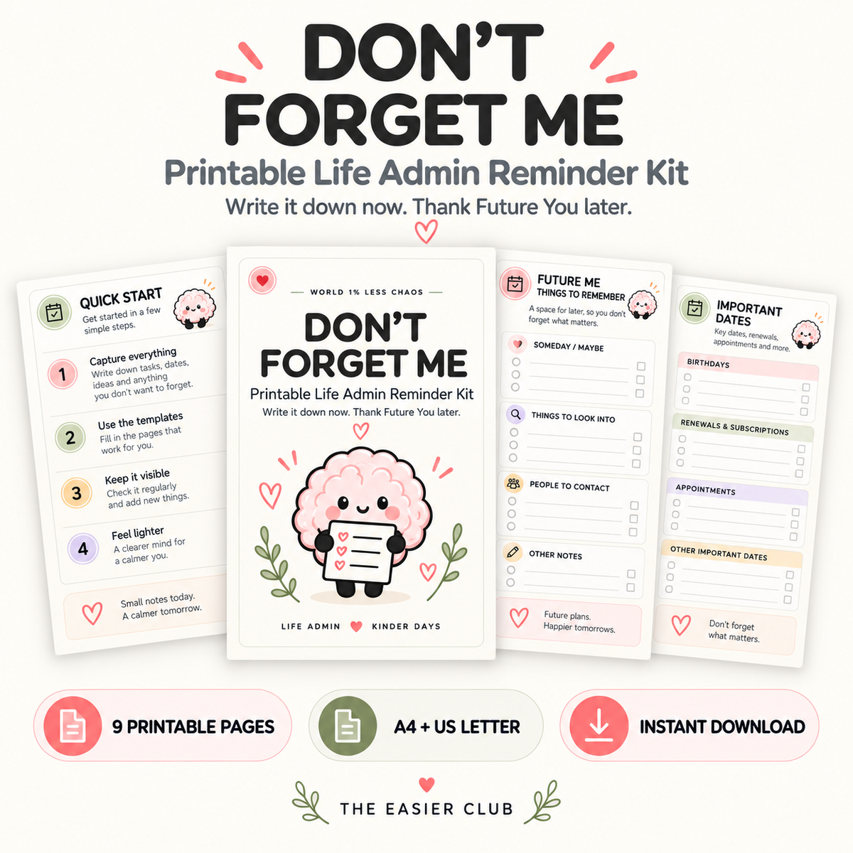 Don't forget me printable life admin planner by The Easier Club with brain mascot and life admin worksheet previews