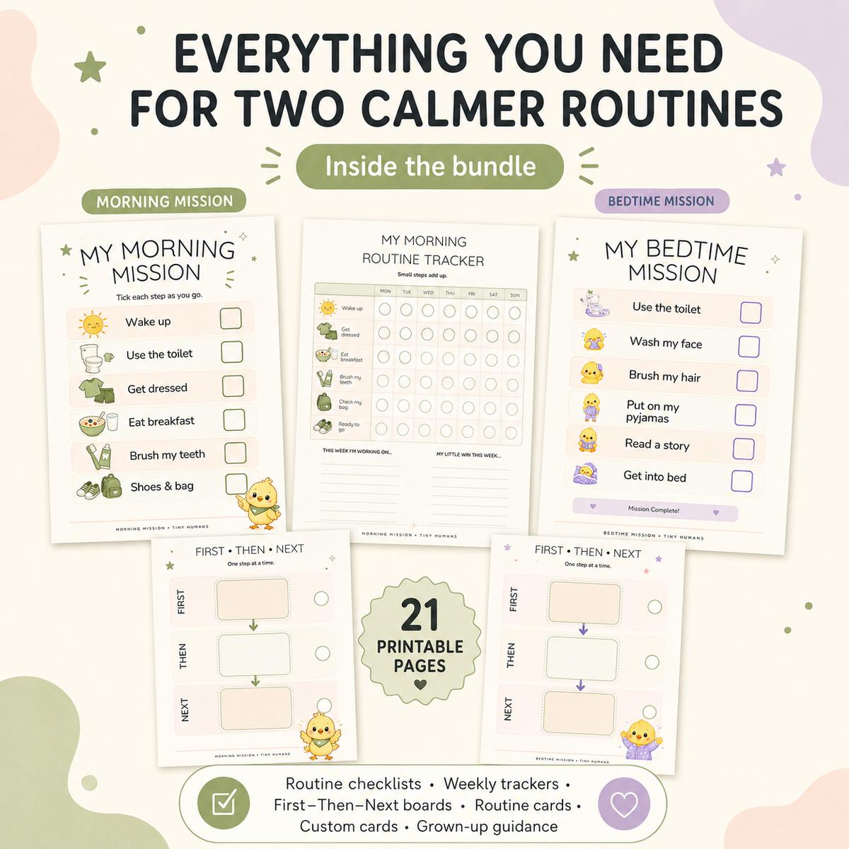 Printable morning and bedtime routine checklists, trackers and First Then Next boards