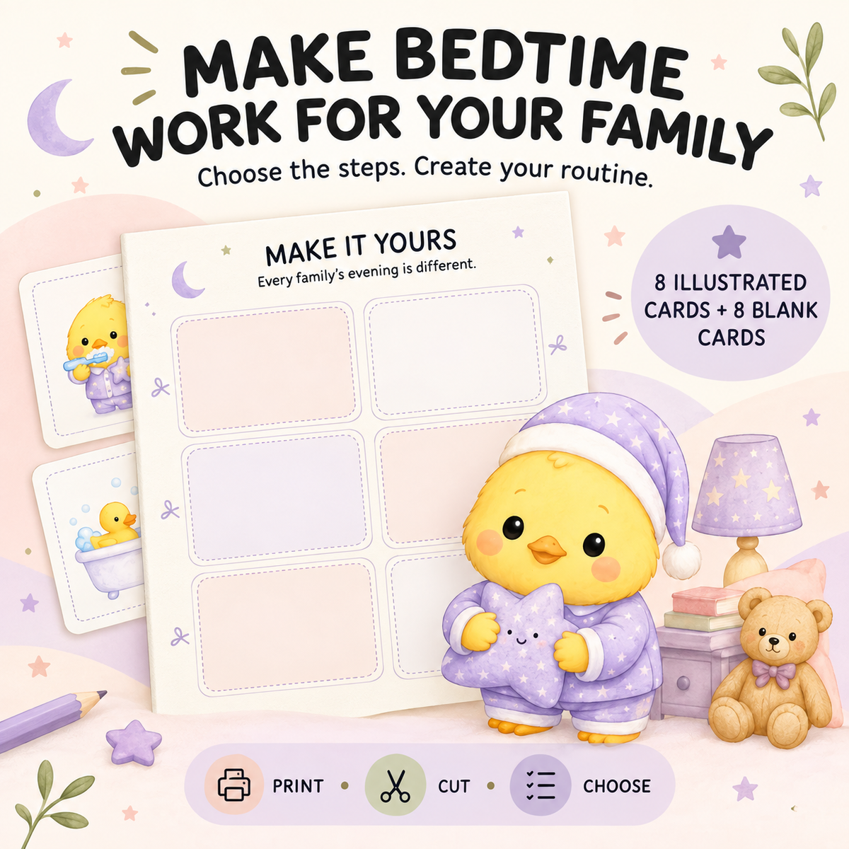 Customisable Bedtime Mission printable with eight illustrated cards and eight blank cards for building a bedtime routine that suits your family.