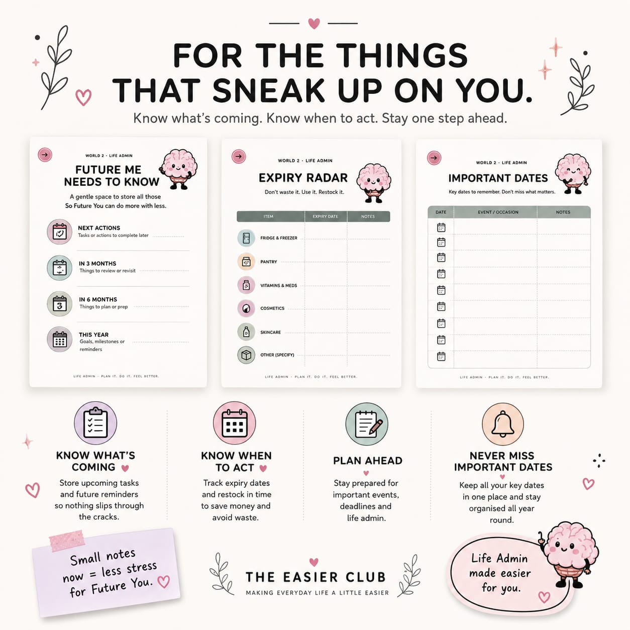Life admin printable pages for future planning, expiry tracking and important dates from the Don't Forget Me planner 