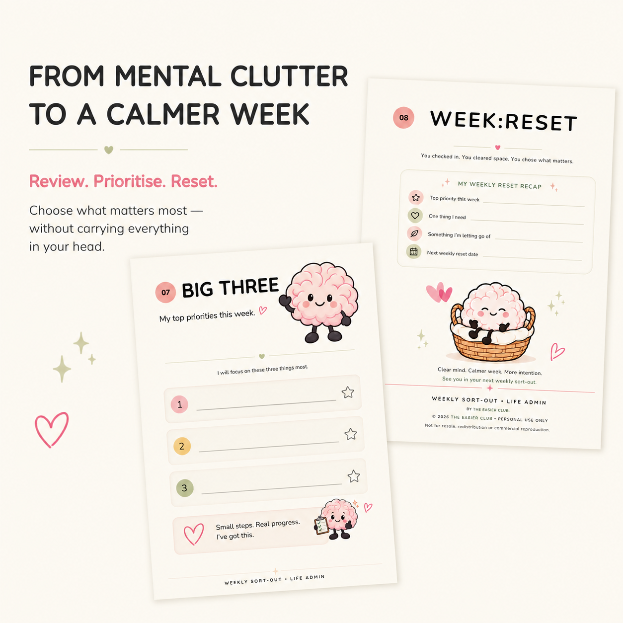 Weekly reset planner with Big Three priorities and weekly recap pages for a calmer, more organised week