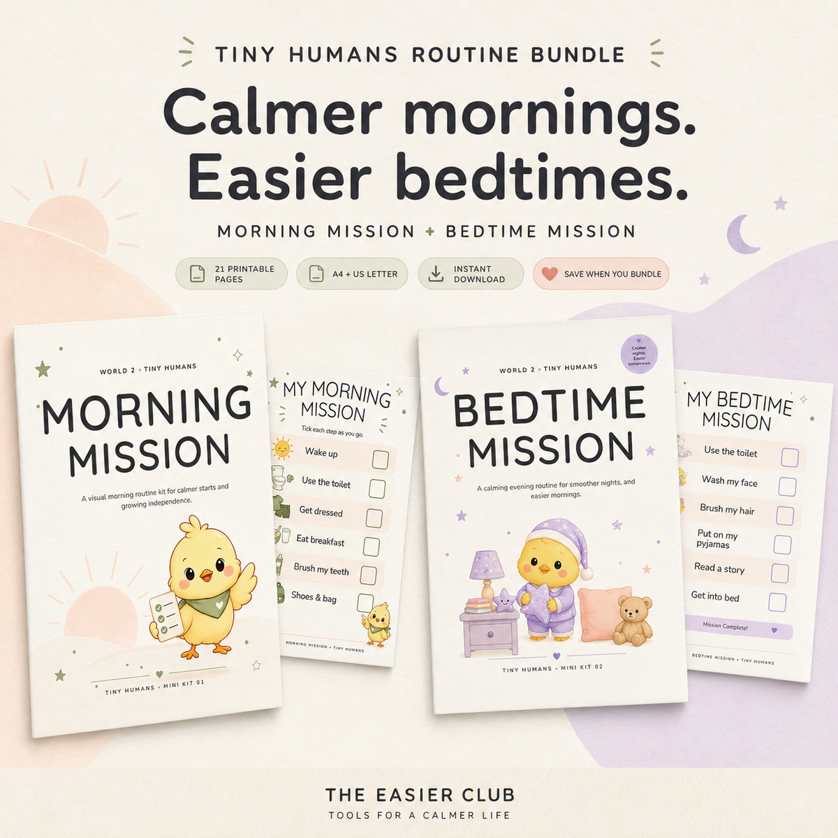 Morning and Bedtime Routine Bundle for kids with 21 printable pages by The Easier Club