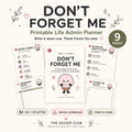 Don't forget me printable life admin planner by The Easier Club with brain mascot and life admin worksheet previews