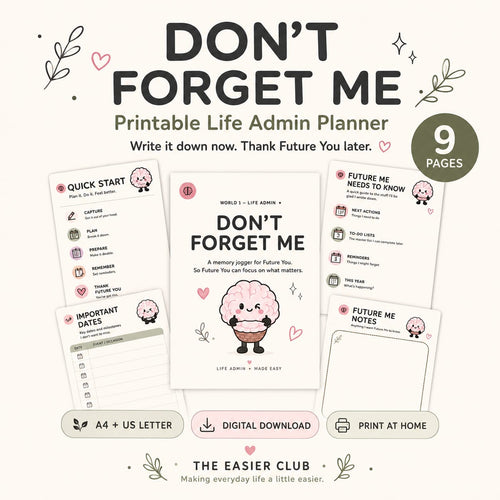 Don't forget me printable life admin planner by The Easier Club with brain mascot and life admin worksheet previews
