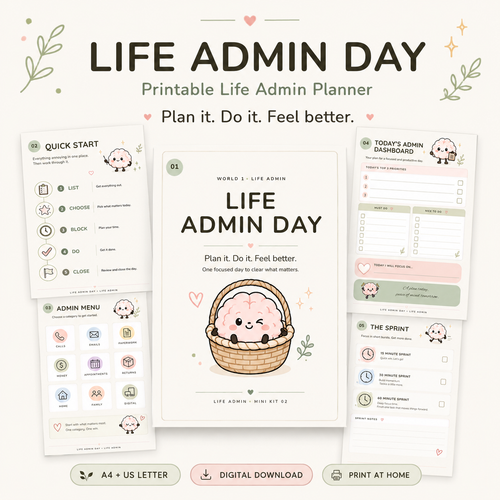 Life Admin Day printable planner by The Easier Club with life admin pages and brain mascot