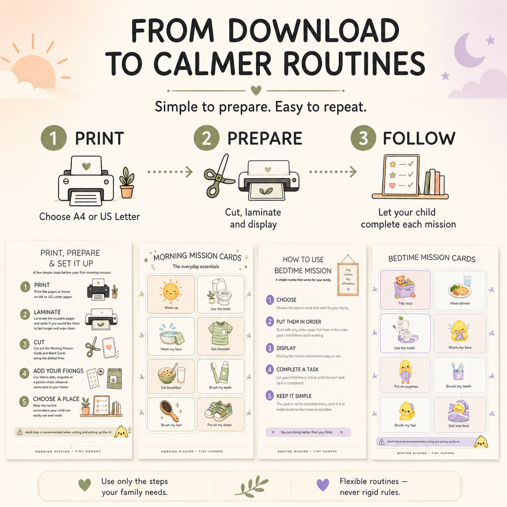 How to print, prepare and use the Morning and Bedtime Mission printable routine bundle