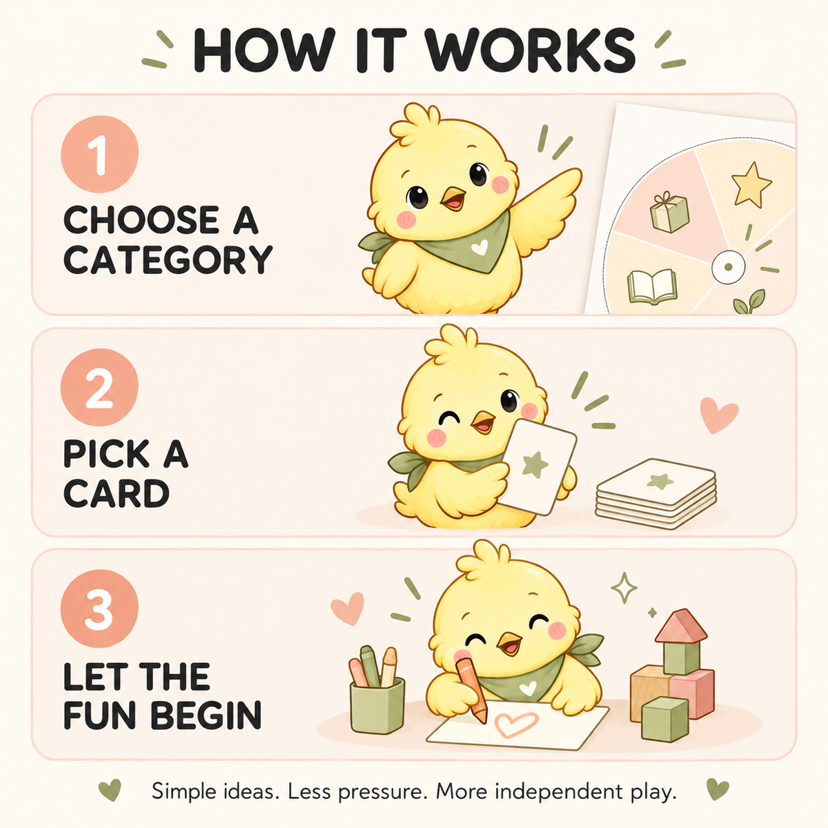 Three-step guide showing children how to choose a category, pick an activity card and begin a screen-free activity.