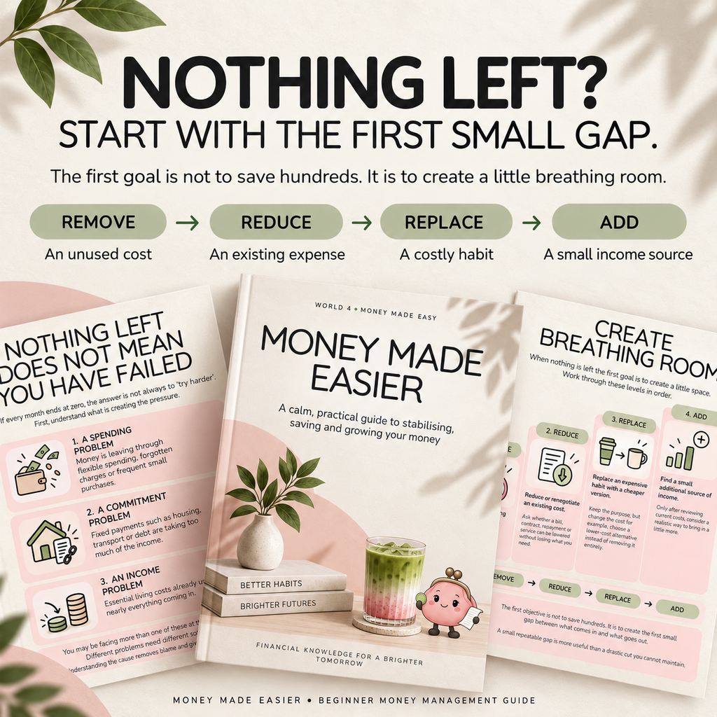 Money guide showing four ways to create breathing room: remove, reduce, replace and add a small income source.