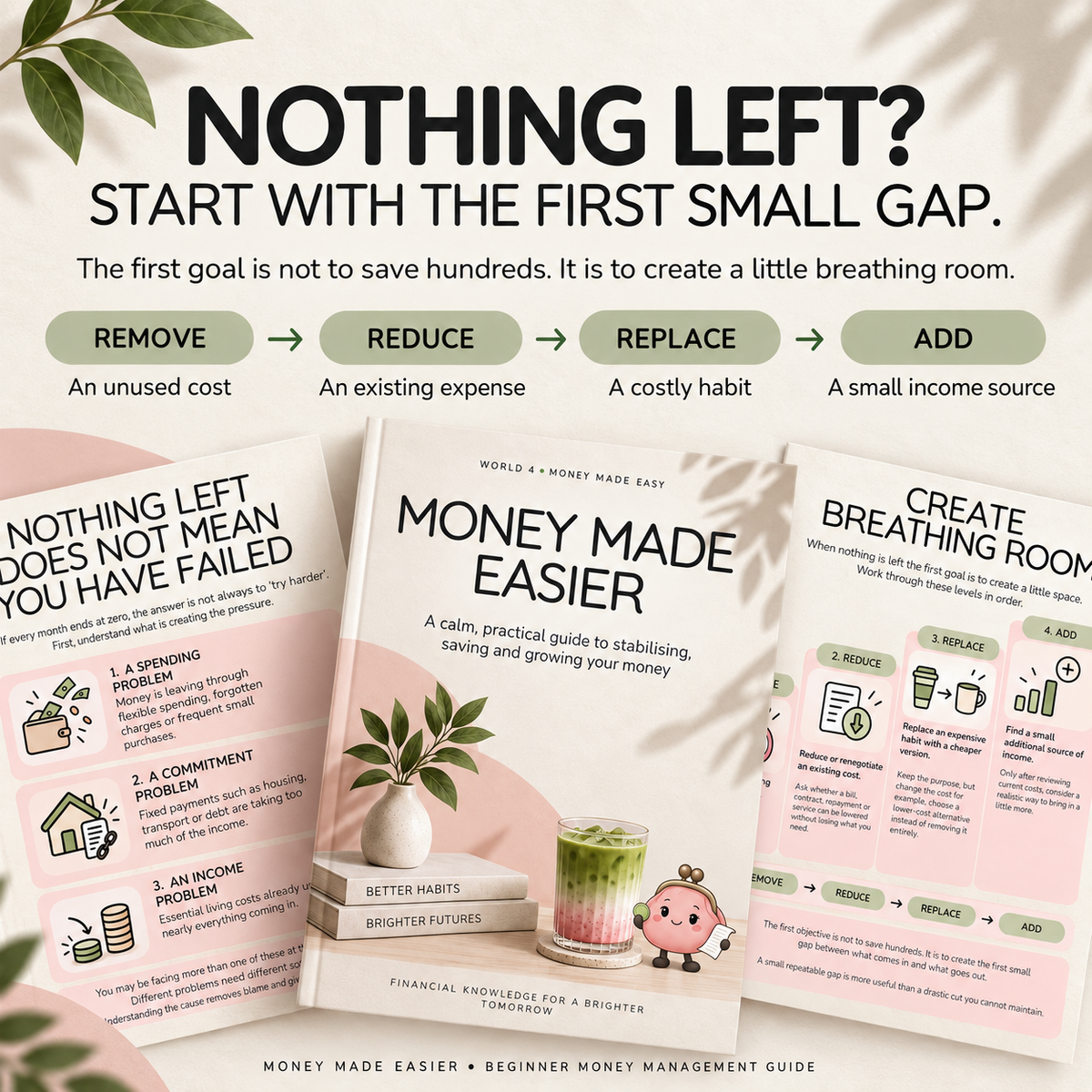 Money guide showing four ways to create breathing room: remove, reduce, replace and add a small income source.