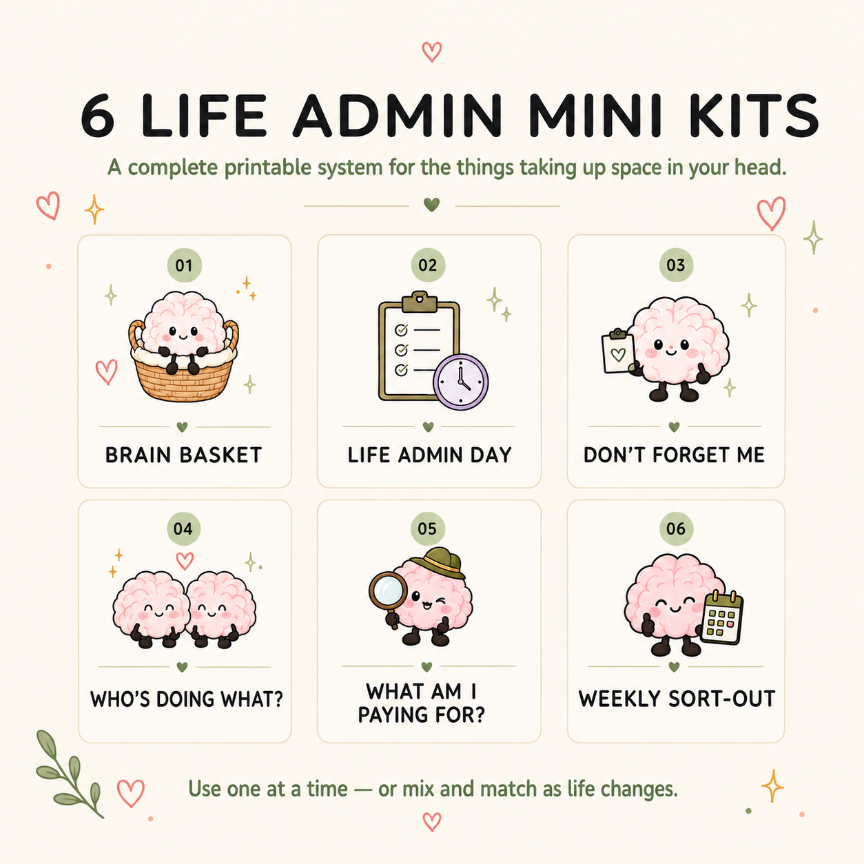 Six Life Admin printable kits including Brain Basket, Life Admin Day, weekly reset and household planners