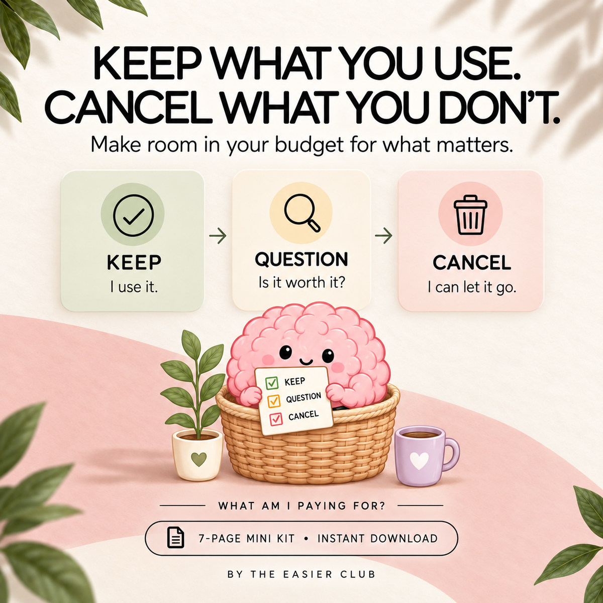 Three cards labelled “Keep,” “Question” and “Cancel” above a pink brain mascot holding a checklist. Text reads, “Keep what you use. Cancel what you don’t.” Cream and blush design by The Easier Club.