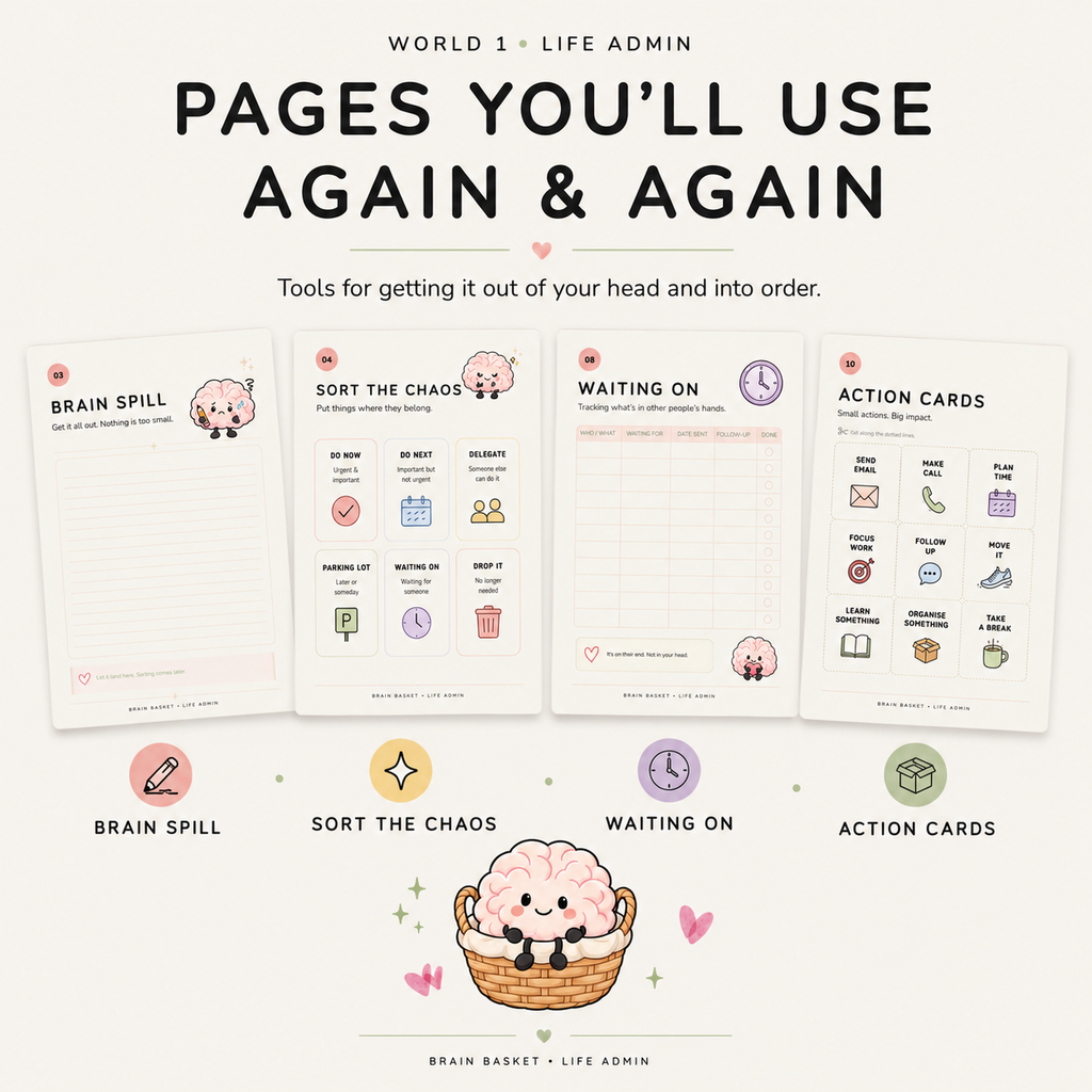 Brain dump, priority planner, waiting on tracker and action cards printable pages