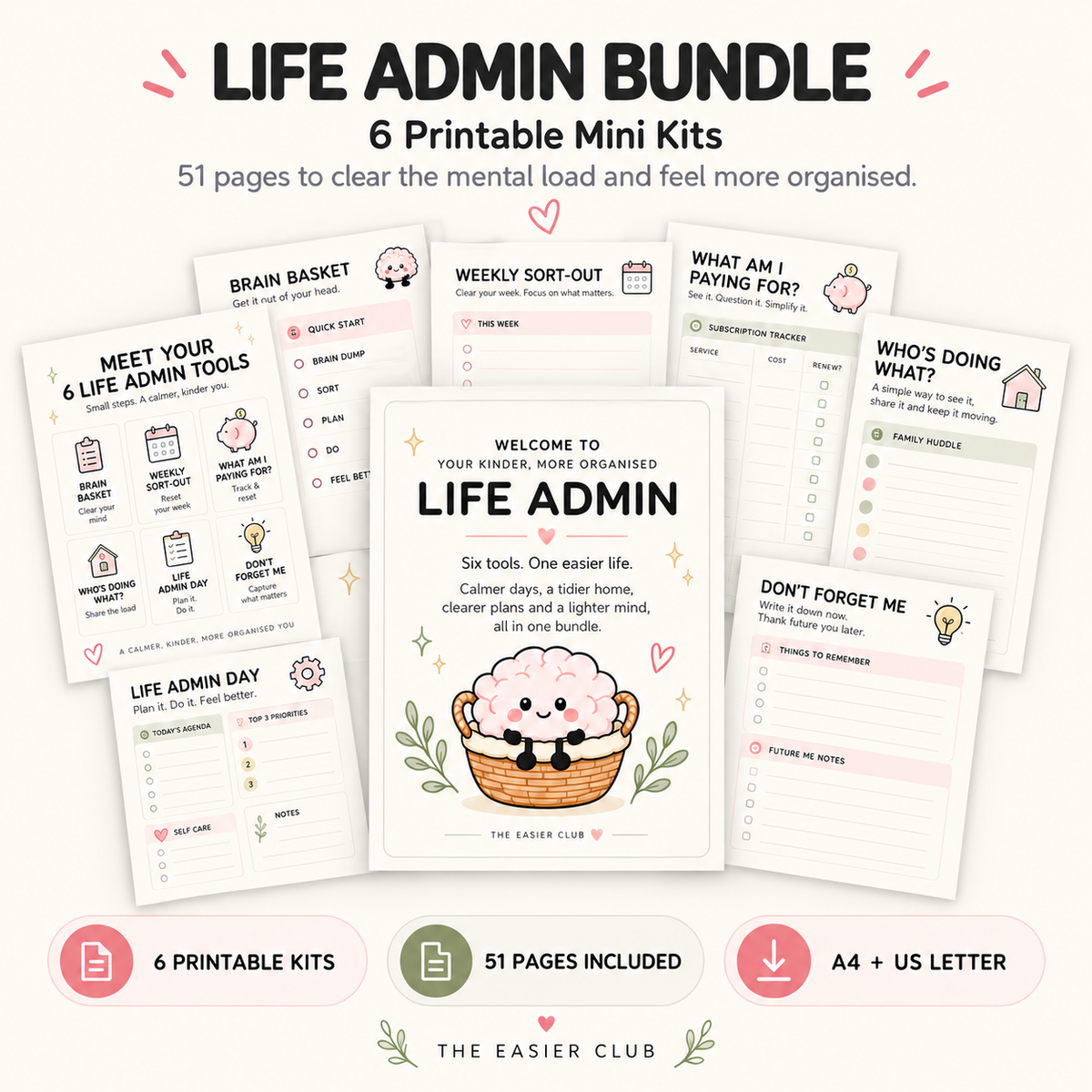 Life Admin printable planner bundle with six mini kits in A4 and US Letter by The Easier Club