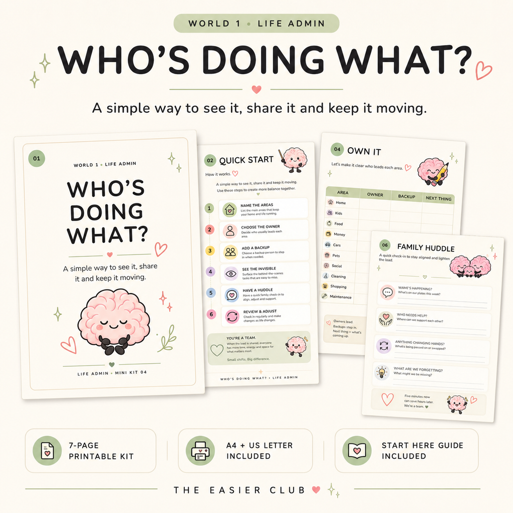 Who’s Doing What household responsibility printable by The Easier Club with Life Admin worksheets and brain mascot
