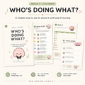 Who’s Doing What household responsibility printable by The Easier Club with Life Admin worksheets and brain mascot