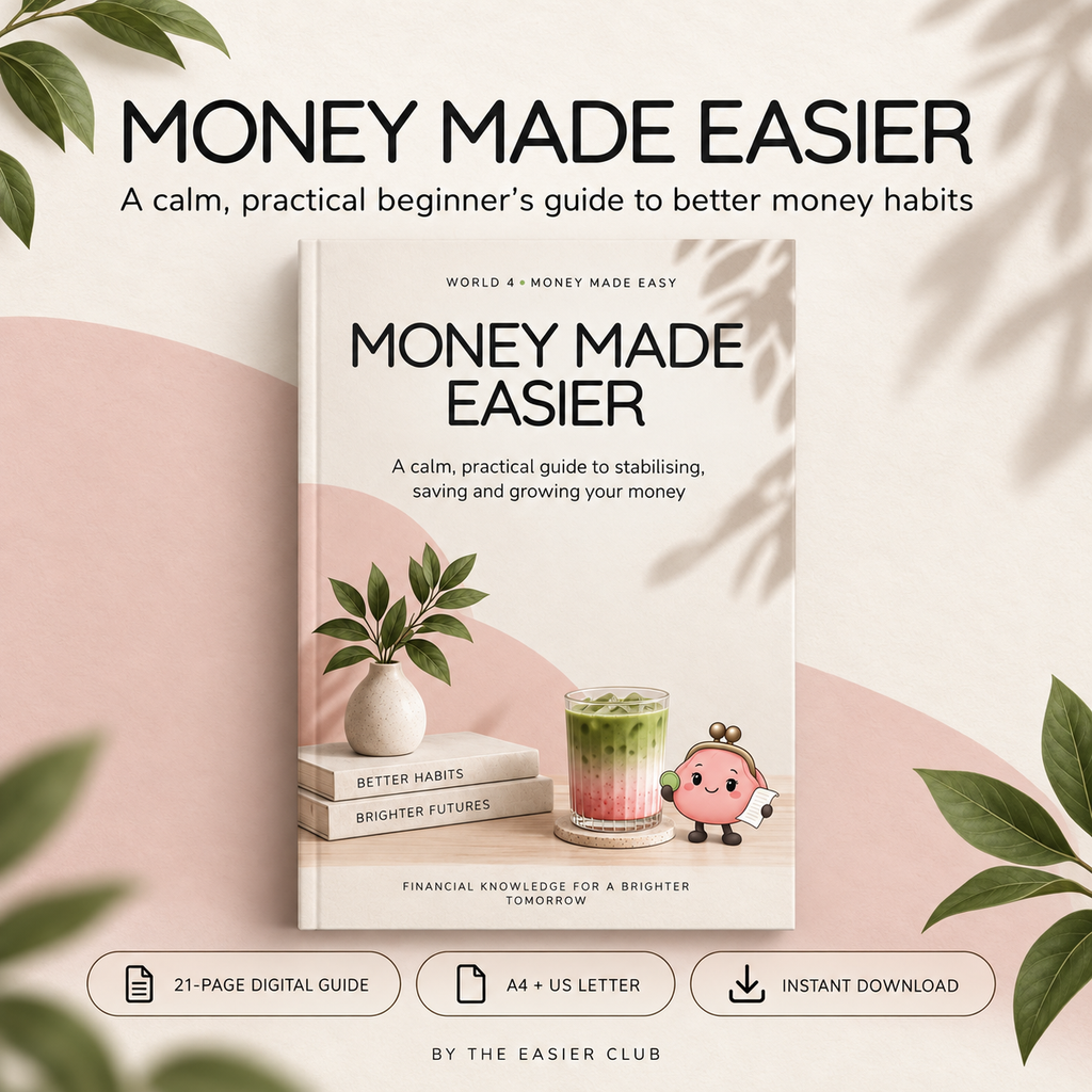 Cover of Money Made Easier, a 21-page beginner money management and saving guide by The Easier Club.