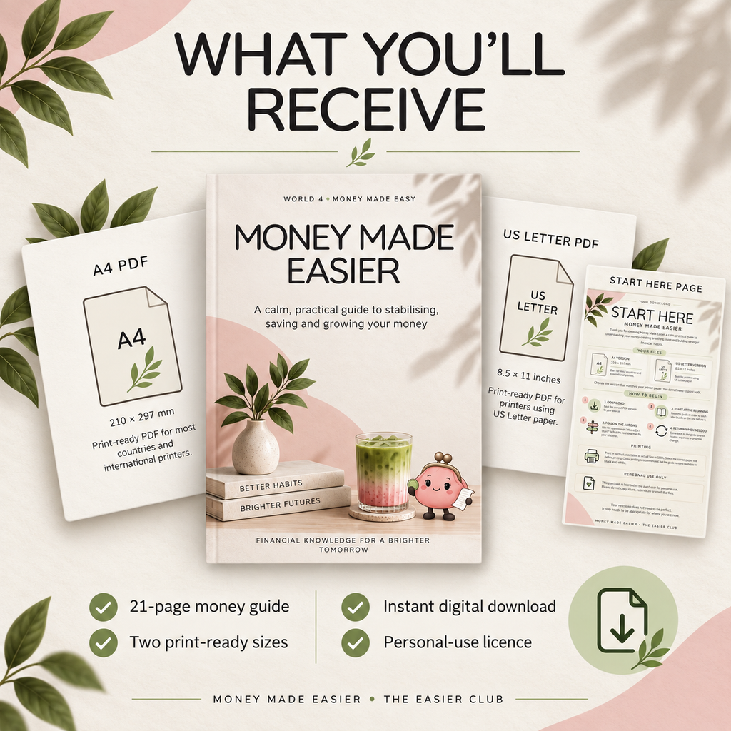 Money Made Easier digital guide with A4 PDF, US Letter PDF, Start Here page and instant download details.