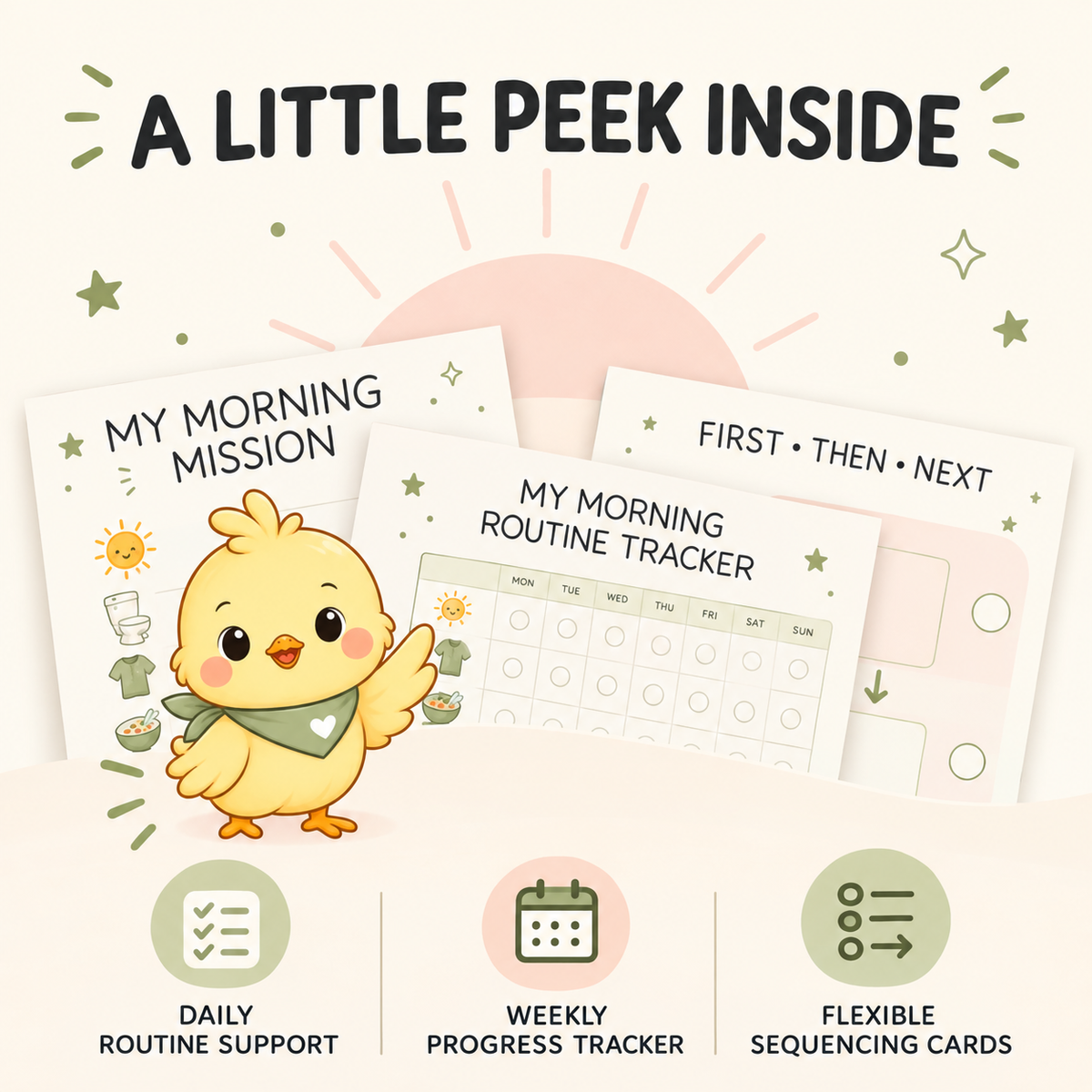 Preview of the Morning Mission printable featuring daily routine support, a weekly progress tracker and flexible sequencing cards.