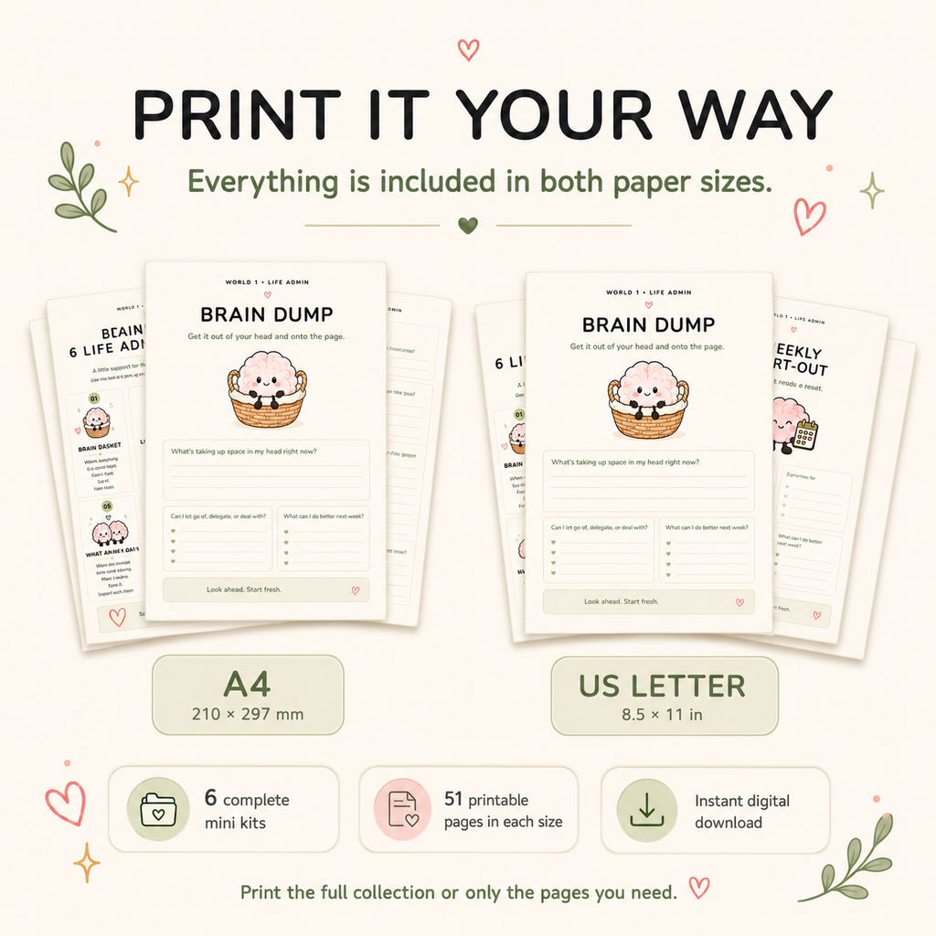 Life Admin printable planner bundle with 51 pages in both A4 and US Letter PDF formats