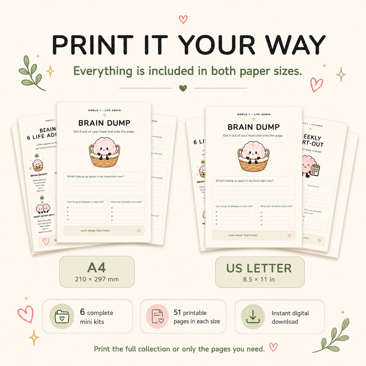 Life Admin printable planner bundle with 51 pages in both A4 and US Letter PDF formats