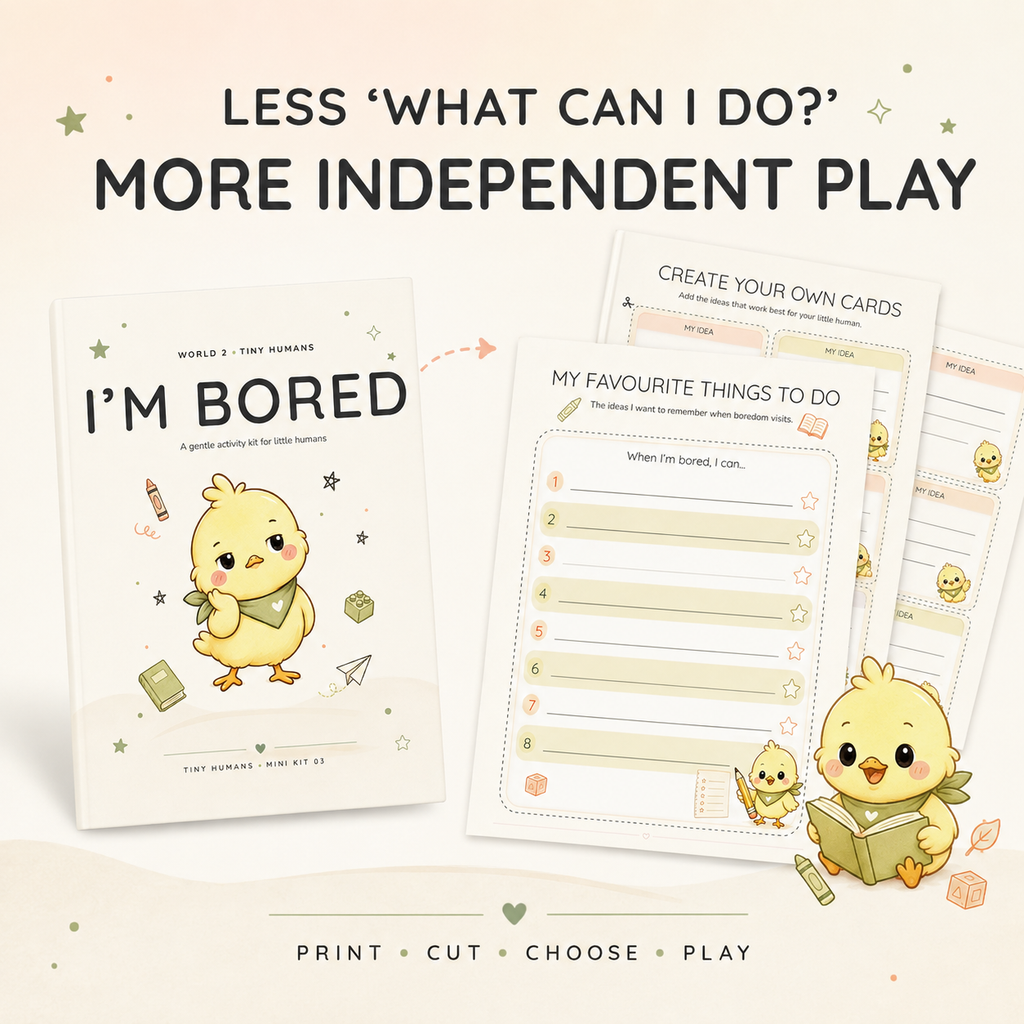 A promotional graphic for a children's printable activity book and cards. The main product shown is a book titled "I'M BORED" by "WORLD'S THE KNUCKLE," with a cute yellow chick illustration.