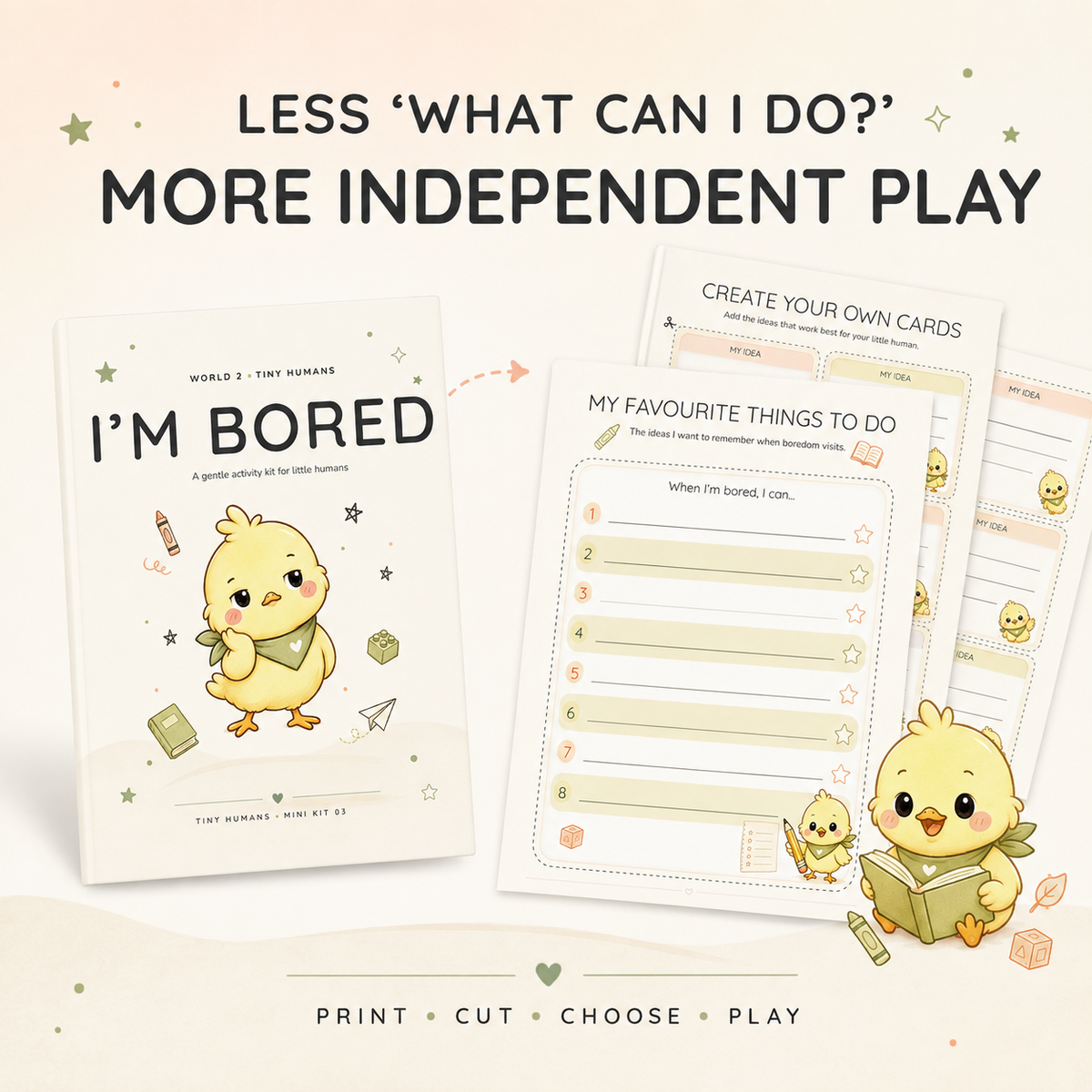 A promotional graphic for a children's printable activity book and cards. The main product shown is a book titled "I'M BORED" by "WORLD'S THE KNUCKLE," with a cute yellow chick illustration.