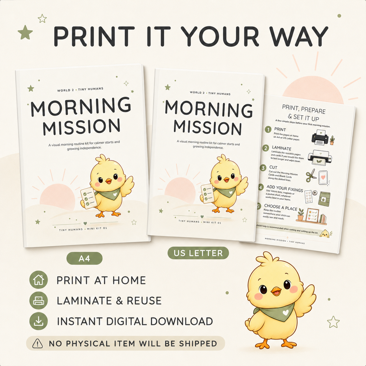 Morning Mission digital printable in A4 and US Letter for printing, laminating and reusing at home