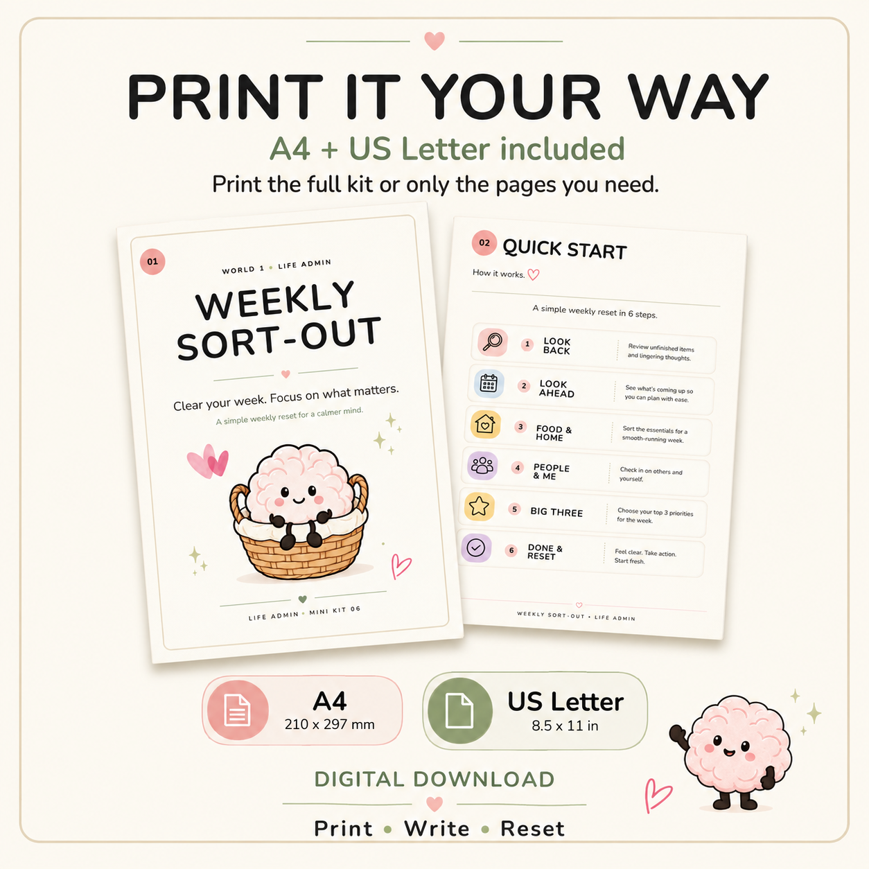 Weekly Sort-Out digital download printable planner in A4 and US Letter sizes with eight guided pages